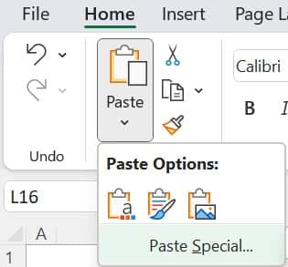 Command "Paste Special" in the "Home" menu. 