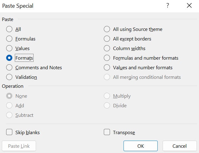 Pasting "Formats" with the tool Paste Special