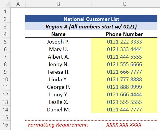 Phone Numbers: Table updated with the correct custom format ("XXXX XXX XXXX")