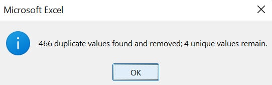 Message Box confirming the number of duplicate values removed and the number of unique values left. 