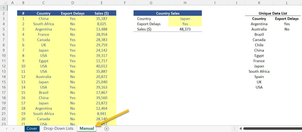 Sheet copied and labelled as "manual" to be used as a benchmark against the "automatic" approach to expand a drop-down list. 