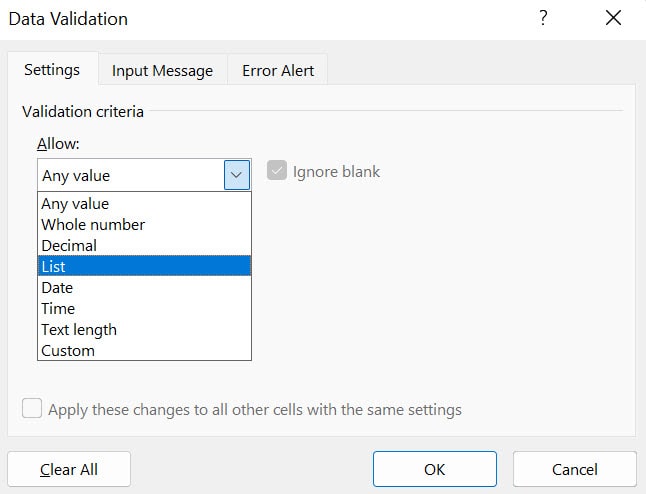 Location of the option "Drop-Down lists" in the Data Validation menu. 