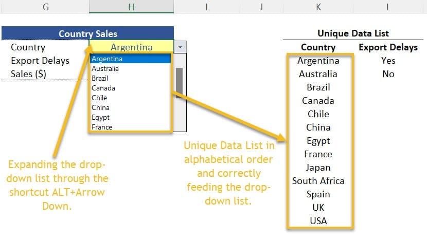 Shortcut Alt + Arrow Down showing Unique Data list in alphabetical order and correctly feeding the Drop-Down list. 