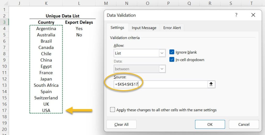 Issue while expanding a drop down list: To make sure all 14 countries show up while expanding a drop-down list, the field "Source" in the Data Validation has to be manually expanded.