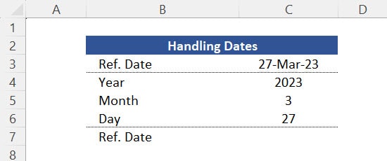 Results of the functions YEAR, MONTH and DAY. 