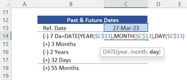 Combination of calendar functions. Absolute reference used to facilitate the copy and paste of this function to the remaining cells. 