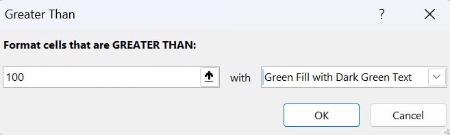 1st conditional formatting rule (i.e. colour green for "remaining days" greater than 100). The other rules must follow the same logic. 