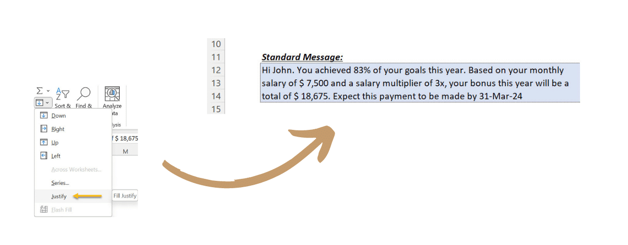 Use the tool "Justify" to place a message within a defined range. 