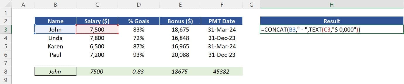 Function CONCAT: Nest it with the function TEXT to make sure the parameter "Salary" is formatted at the end.