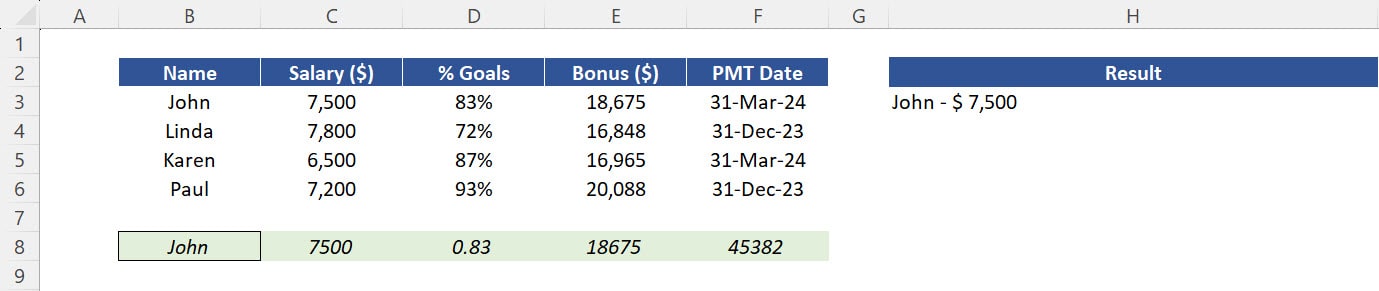 Function CONCAT: Result, with a delimiter and also with the parameter "Salary" formatted through the function TEXT.