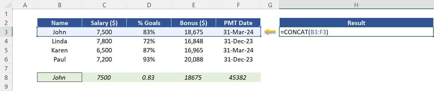 Combining Text and Values in Excel - Example Function CONCAT