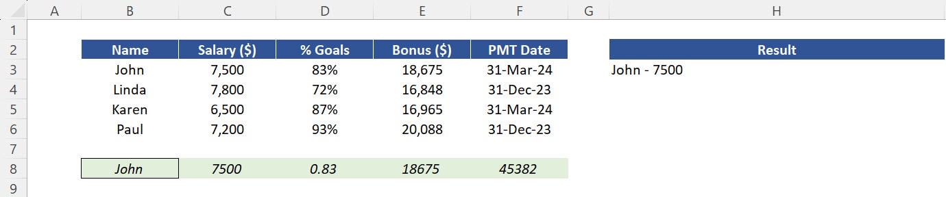 Combining Text Values in Excel. Example Function CONCAT: Result, with a delimiter but parameter "Salary" was not formatted at this stage. 