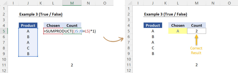 Secrets of SUMPRODUCT - All the arguments before pressing ENTER + Results (after ENTER)