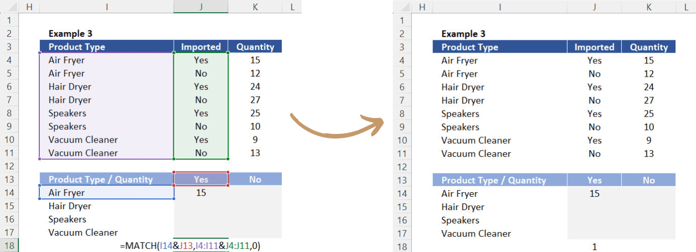 Using ampersand (&) to connect 2 lookup values in the function MATCH. 