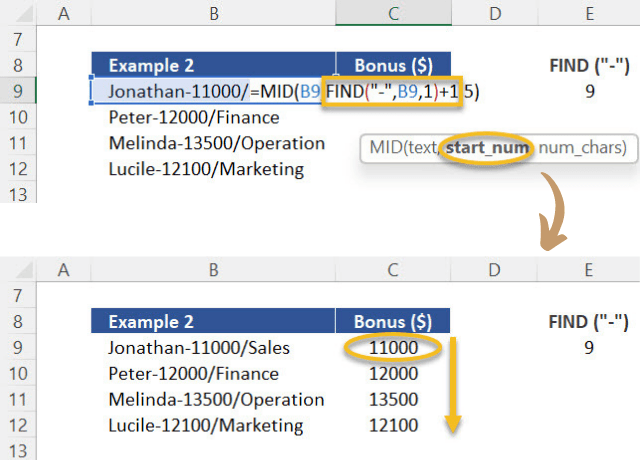 Nesting the functions MID and FIND to get the correct results.