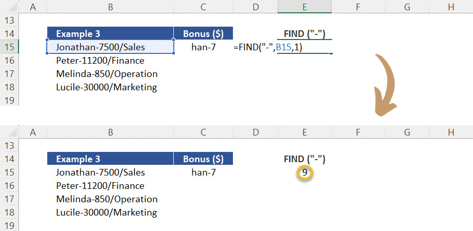 Locating the dash "-" position (reference point) with the function FIND. 