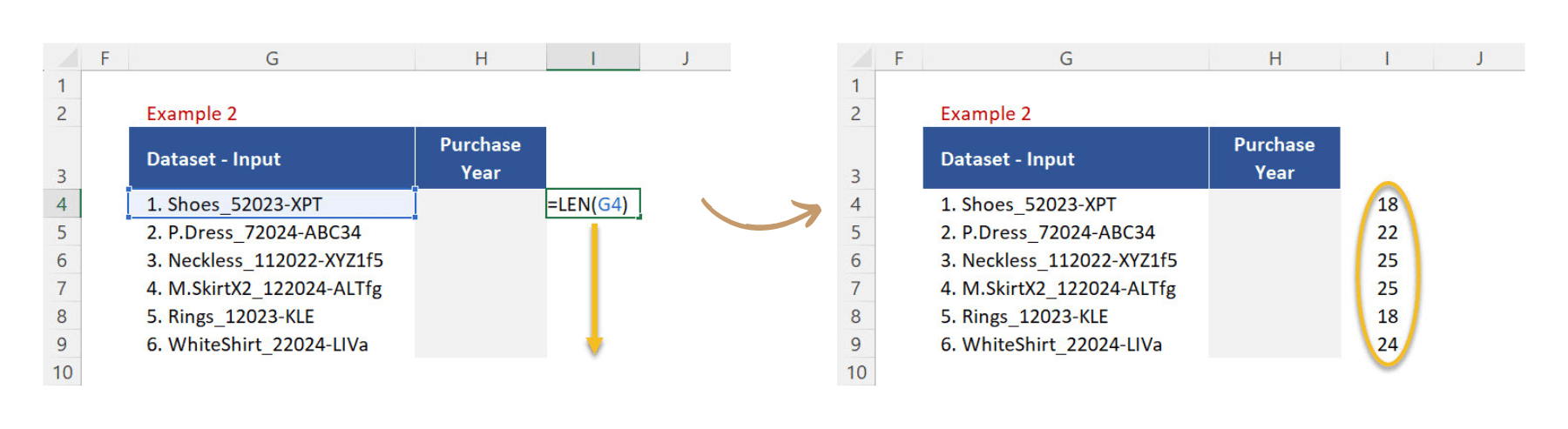 LEN function arguments + Results after expansion.